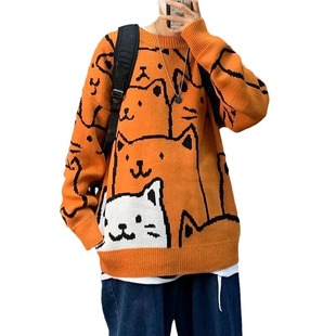 Sweater Men's Ins Hong Kong Style Loose Autumn and Winter Casual Cat Crewneck Sweater Fashionable Brand Student Couple Sweater