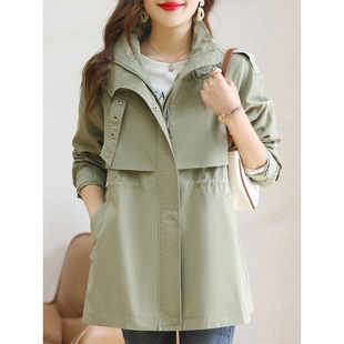 European Station Windbreaker Women's Mid-length 2024 Spring and Autumn New Stand Collar Waist Slimming Casual Small Tooling Jacket