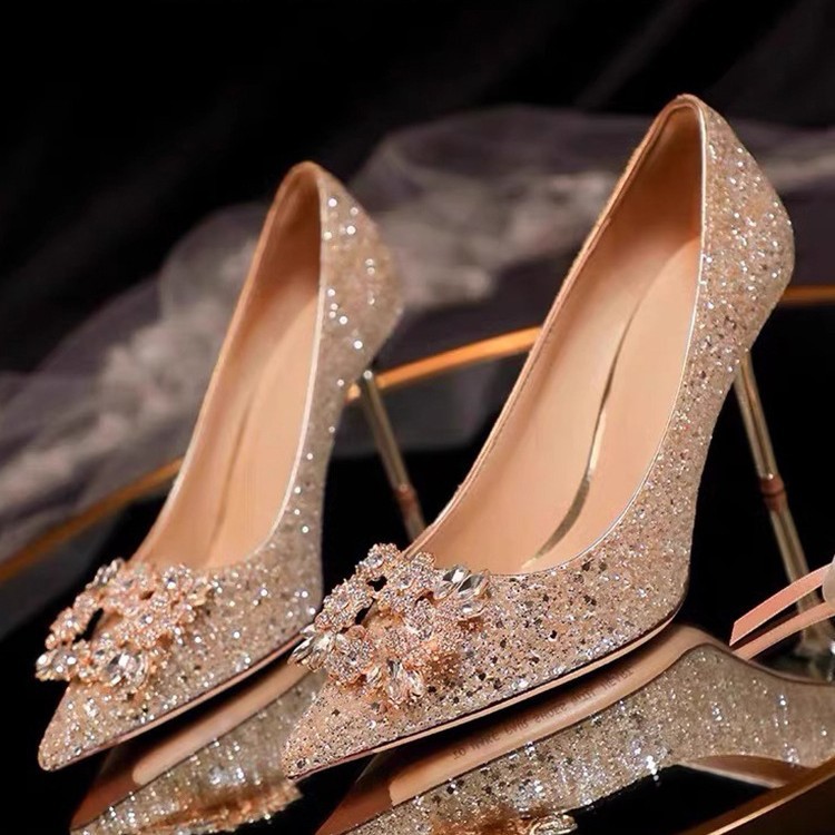 Xi Yan Wedding Shoes Xiuhe Wedding Dress Two-Wear Crystal Shoes Bridal Shoes High-End Champagne Color High Heels Rhinestone Wedding Shoes