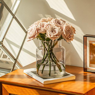 Rose Large Diameter Vase Ornaments Living Room Flower-arranging Glass Transparent Hydroponics Wide Mouth Low Flowers High-grade Sense