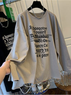 Cotton plus size 150.00kg European and American Letter Tear Large Long Sleeve T-shirt Women's Autumn Long Loose Casual Top