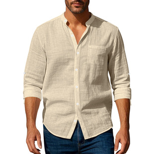 2025 Amazon Cross-border Spring and Autumn Linen Shirt Long-sleeved Collar Breathable Casual Men's New Chinese Style Pocket Shirt