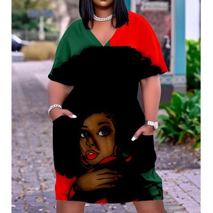 2024 Cross-border European and American plus size Women's Art V-neck dress 3D Printing Casual Fashion Comfortable Midi Dress