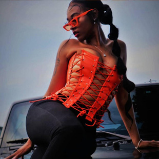 2022 Spring New European and American Women's Nightclub Sexy Hollow Vest Strapless Strap Fish Bone Imitation Leather Waist Top