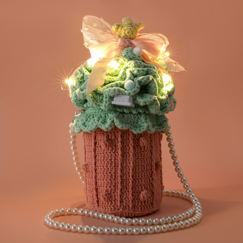 Birthday wishes, Christmas handmade shuffle yarn crochet holiday celebration bucket bag, cake bucket bag, Christmas tree bag