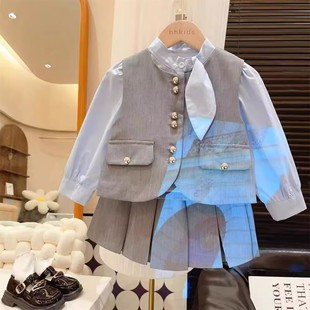 Korean Style Girls' suit 2024 New Style Girl's College Style Shirt Vest Pleated Skirt Fashionable Three-Piece Autumn Set