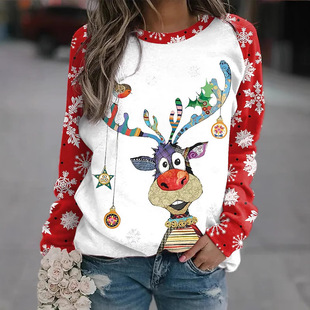 2023 European and American Foreign Trade Christmas New Elk Digital Printing Round Neck Long Sleeve Sweat Women's Loose Casual Top