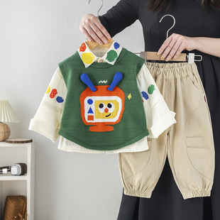 Five small seven children's clothing 2025 spring and autumn new 0-4 years old boys and girls color TV sweater vest 3-piece set