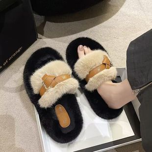 Mao Mao slippers women's outdoor wear autumn and winter indoor household belt buckle Internet famous plus size thick bottom plush cotton slippers tide