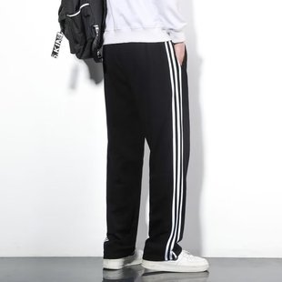 Casual pants autumn and winter men's fleece-lined ankle-tied sweatpants three bars sports pants men's loose straight pants winter men's pants