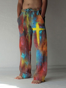 2024 Men's Cross-border European and American Ethnic Style Retro 3D Digital Printing Loose Wide Leg Pants Casual Pants Ordered None