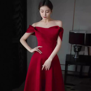 Satin Toast Dress Bride French Red Wedding Homecoming Small Engagement Dress Skirt Women's High-end One Shoulder