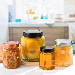 Factory wholesale high lid six-sided glass bottle square honey can bottle transparent round pickles bottle glass storage jar