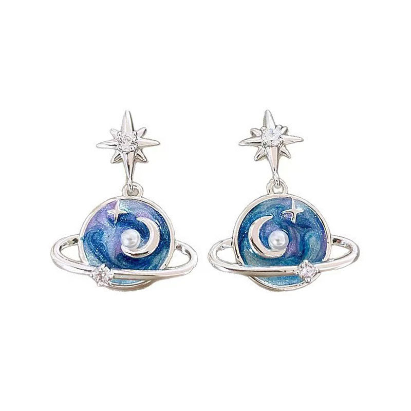 Fresh Blue and Purple Planet Eight-Pointed Star Earrings Niche Design High-End Earrings Unique and Exquisite Imitation Silver Needle Earrings