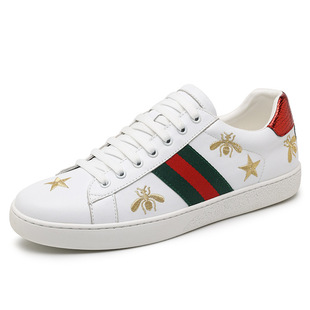 Star with small bee embroidery classic red and green heel small white shoes men's shoes comfortable flat leather casual shoes