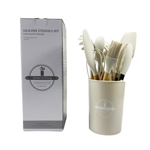 Wooden handle silicone kitchenware 19-piece set chef cooking non-stick knife cooking pot shovel spoon 12 pieces suit cross-border supply
