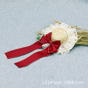 Internet Celebrity Pet Hat Cat Dog Chanel Style Lace Straw Hat Bow Hat Cute Photo Props