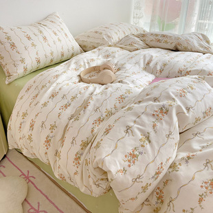 Small Fresh 100 Cotton Floral Bed Four-Piece Set Cotton Quilt Cover Four Seasons Breathable Skin-Friendly Household Bed Sheet