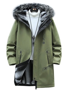 2023 Winter mid-length fleece-lined thickened hooded windbreaker men's youth trendy printed long fleece-lined cotton-padded coat