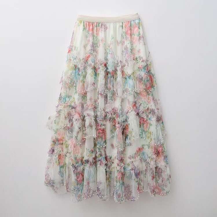 Irregular Floral Mesh Skirt Spring and Autumn Women's New French Style Elegant Long Skirt A- line Skirt Heavy-Duty Stitching Printed