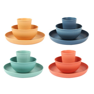 Wheat Straw Plastic Bowl Dish Plate Tableware Set Household Kitchen Rice Bowl Dinner Plate Water Cup Three-Piece Set Wholesale