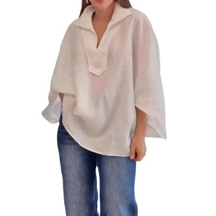2025 Spring and Summer European and American Independent Station Women's Urban Casual Loose Simple Button Solid Color Cotton Linen Lassel Shirt