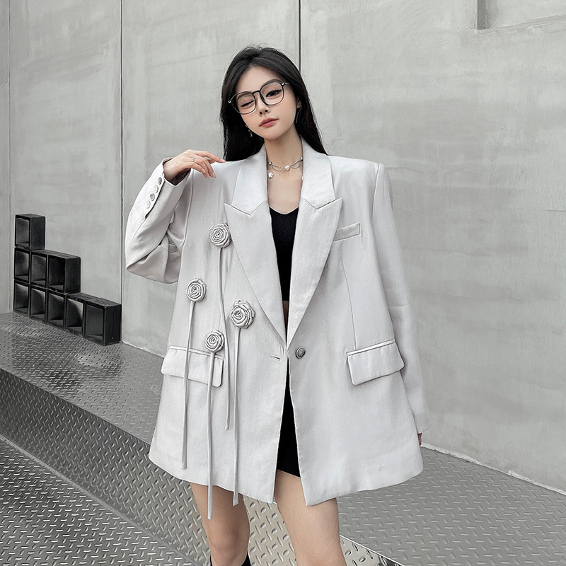 Real Shot 2025 ~ High-grade Satin Suit Jacket Women's Thin Loose Casual Rose Decorative Suit Top