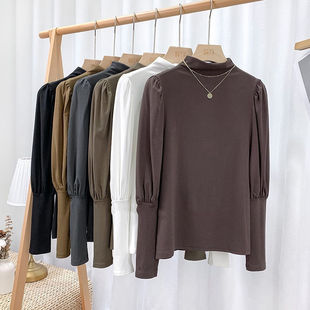 2021 Autumn and Winter New Korean Style Velvet Mock High Collar Base Shirt Long Sleeve Women's Slim Fit Inner Puff Sleeve Top Women's Fashionable