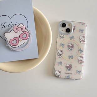 Cute pink blue bow cat magnetic suction for Apple 15promax cartoon phone case 14 new 12 women 13