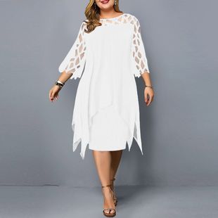 EBay Amazon AliExpress Европейское и Американское кружевное сшивание из семи рукавов нерегулярный подол шифоновое платье на месте
