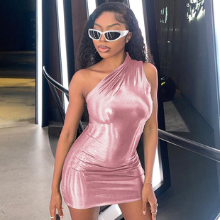 European and American style women's clothing 2024 autumn new sexy slim solid color diagonal shoulder sleeveless hip dress wholesale foreign trade