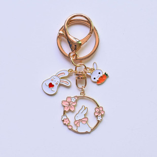 Japanese Style Cute Wreath Rabbit Cherry Blossom Cat Keychain Cartoon Animal Pendant Oil Dropping Key Chain Bag Pendant