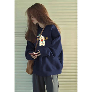 2024 New Arrival Tibetan Blue American Retro Sweat Women's Autumn and Winter oversize Korean Loose fleece-lined Top
