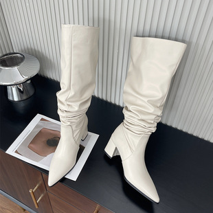 2024 Autumn Pointed Thick Heel High Boots Women's Pleated Sleeve Knight Boots High Heel But Knee Boots