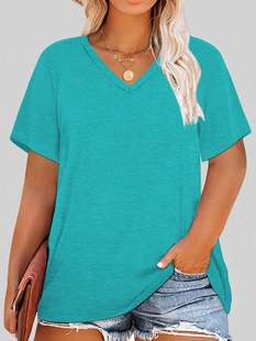 Cross-border Foreign Trade plus size Clothing European and American Casual V-neck Pullover Women's T-shirt Single Piece Stamping Plus Size Women's Clothing