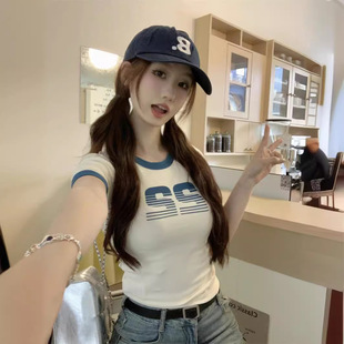 American Letter Print Short-sleeved T-shirt Women's 2024 Summer New Spice Girl Retro Short Student Slim-fit Trendy Top