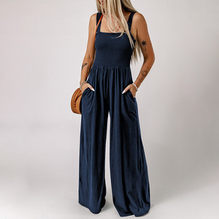 Shiying European and American High Waist Jumpsuit Women's 2023 Summer New Sleeveless Shoulder Knitted Wide Leg Jumpsuit