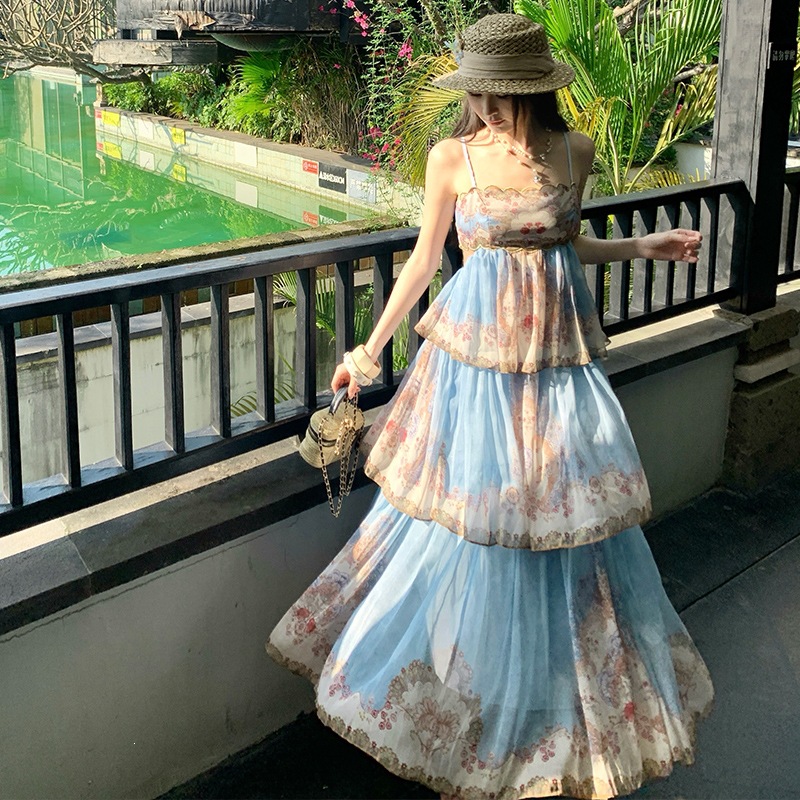 Summer Exotic European-Style Resort Print Flared Cake Dress Spaghetti Strap Dress Blue Chiffon Loose Fit with Tags