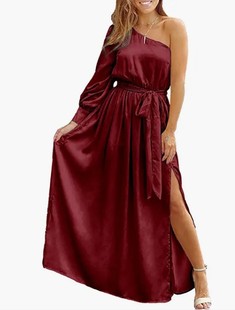 Amazon Cross-Border New Satin Long-Sleeved One-Shoulder Long Dress Asymmetrical Belted Split Party Long Dress