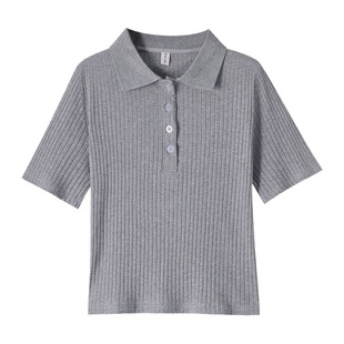 Black Half-open Collar t-shirt for Women Summer Cool Short Slim Ice Silk Knitwear Pit Striped Polo Lapel Short-sleeved top