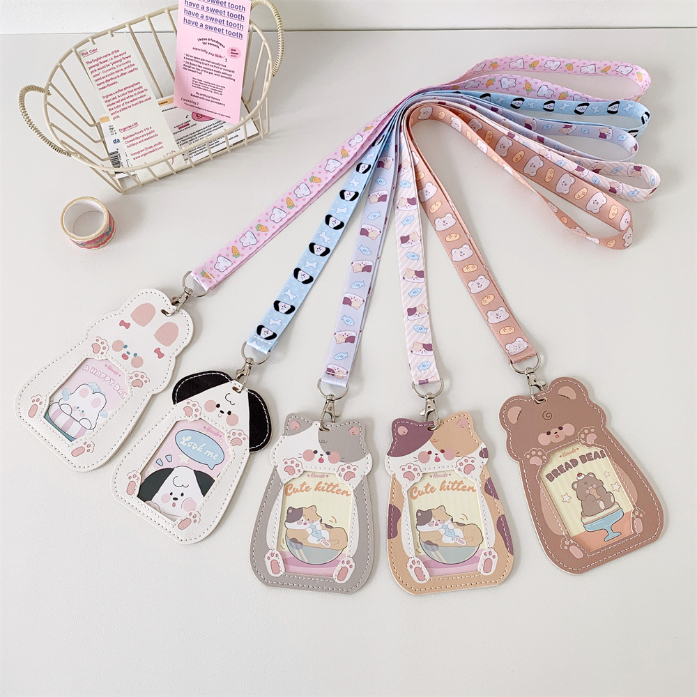 Cute Animal Pu Card Holder Ins-Style Idol Photo Card Protector Student Campus Meal Card Access Card Neck Strap