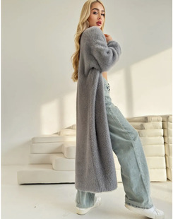 White Mink Velvet Cardigan Sweater Long Loose Lazy Style Knitted Sweater Coat Women's Spring and Autumn Solid Color Outer Coat