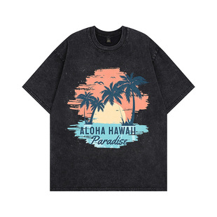 New Men's and Women's Vintage European and American-style Trendy Vintage Wash T-shirt Loose West Coast High Street Trendy Men's T-shirt