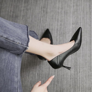 Full Sheepskin Genuine Leather Black Work Shoes Women's Shoes Soft Sole Comfortable Professional Single-layer Shoes Sexy Work High-heeled Shoes