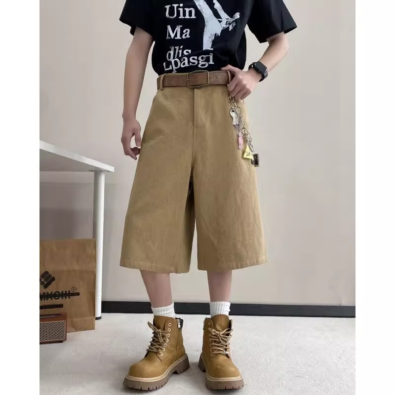 American Casual Cropped Pants for Men, Summer Wide-Legged Loose Straight Workwear Mid-Pants, Trendy Brand Handsome Over-The-Knee Shorts