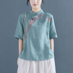 Embroidered Cotton Linen Shirt Women's 2023 Summer Vintage Short-sleeved Shirt Pullover Stand Collar Buckle Chinese Style Tea Clothing Top
