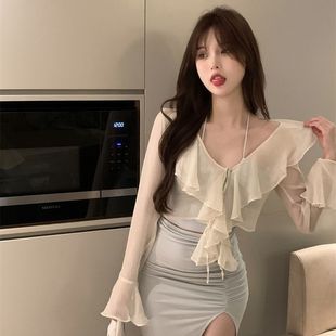 French sweet floral chiffon shirt Women's elegant lace-up ruffled loose slimming short top sunscreen cardigan