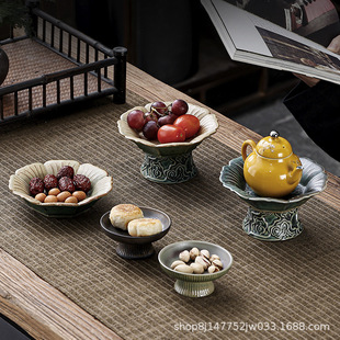 Ceramic Vintage High Foot Refreshment Fruit Cake Dessert Plate Embossed Filter Fruit Plate Dried Fruit Basket Pot Tray for Buddha