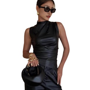 Amazon European and American Style Women's New Leather Pile Collar Distinctive Tight Waist Slant Sleeveless Top Women's Vest