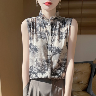 French Style Sleeveless Shirt Women's Ear Collar Worsted Knitted Base Shirt Spring and Summer New Satin Shirt Top Vest
